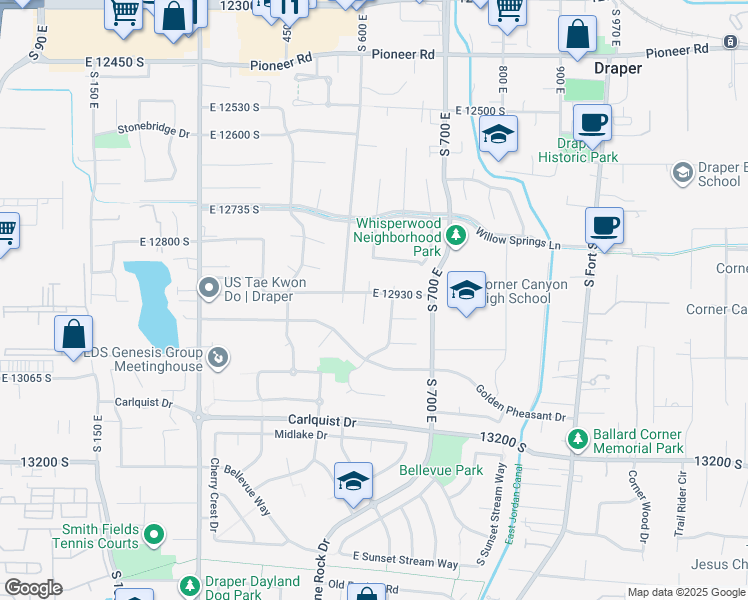 map of restaurants, bars, coffee shops, grocery stores, and more near 12963 South Brook Haven Cove in Draper