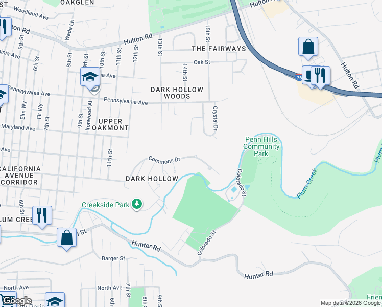 map of restaurants, bars, coffee shops, grocery stores, and more near 234 Commons Drive in Oakmont