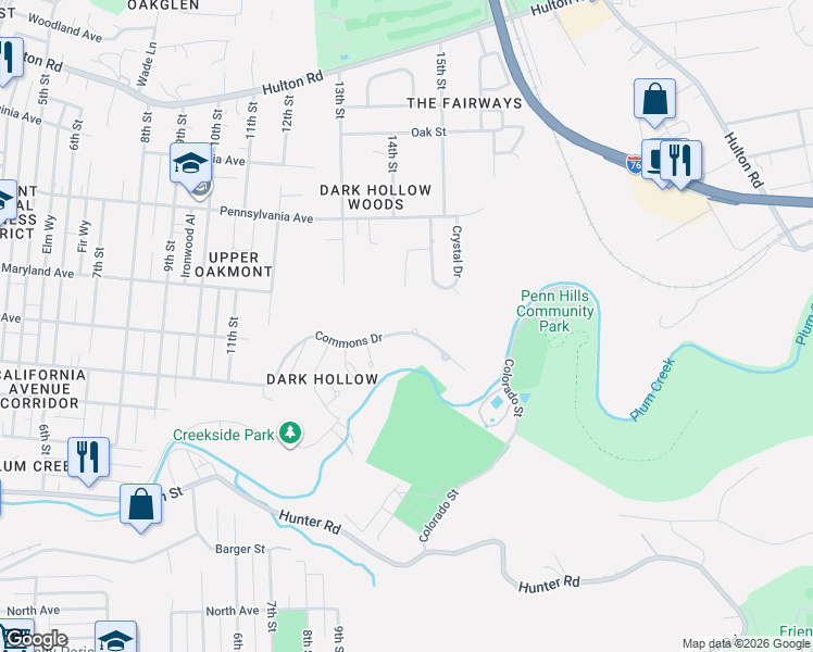 map of restaurants, bars, coffee shops, grocery stores, and more near 234 Commons Drive in Oakmont