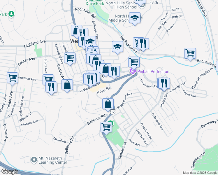 map of restaurants, bars, coffee shops, grocery stores, and more near 201 Perry Highway in West View
