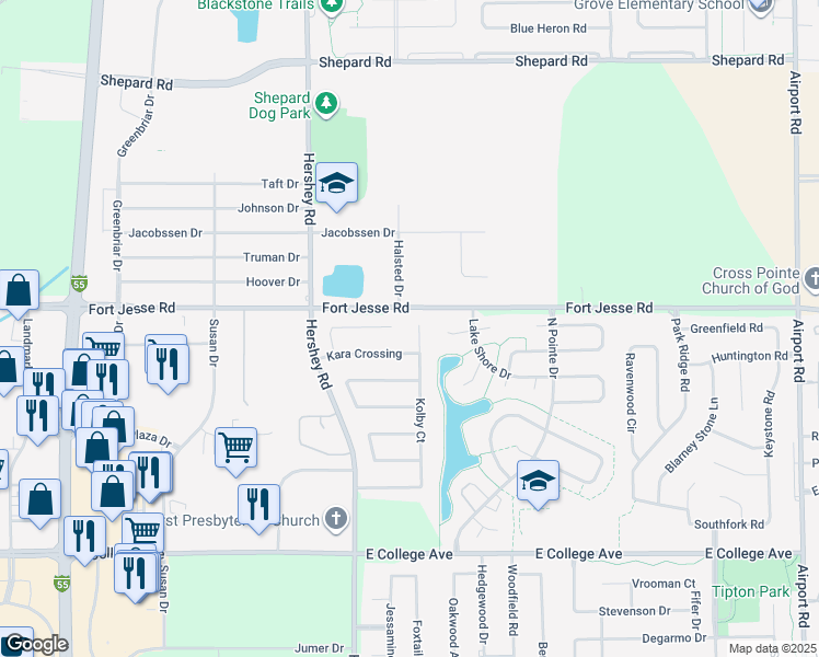map of restaurants, bars, coffee shops, grocery stores, and more near 2802 Kolby Court in Bloomington