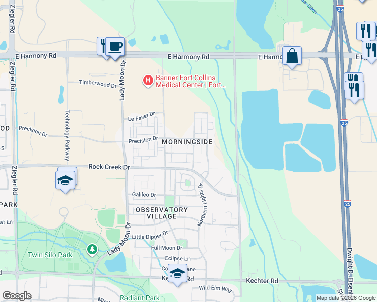 map of restaurants, bars, coffee shops, grocery stores, and more near 5038 Brookfield Drive in Fort Collins