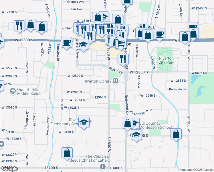 map of restaurants, bars, coffee shops, grocery stores, and more near 12924 South 1830 West in Riverton