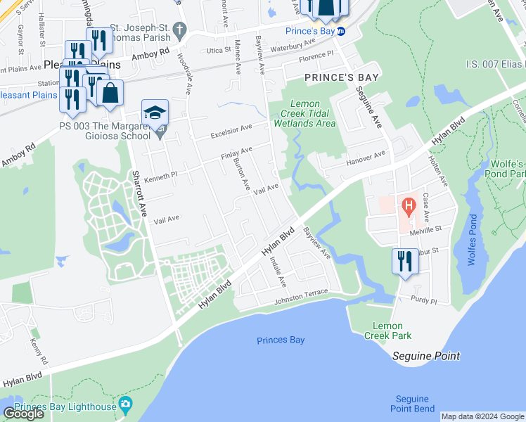 map of restaurants, bars, coffee shops, grocery stores, and more near 144 Burton Avenue in Staten Island