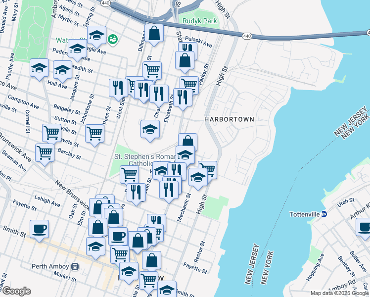 map of restaurants, bars, coffee shops, grocery stores, and more near 105 Pearl Place in Perth Amboy