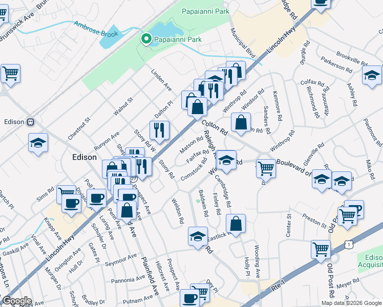 map of restaurants, bars, coffee shops, grocery stores, and more near in Edison