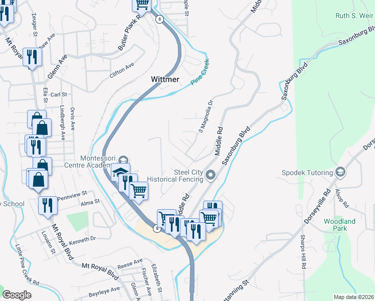 map of restaurants, bars, coffee shops, grocery stores, and more near 304 Glen Douglas Drive in Glenshaw