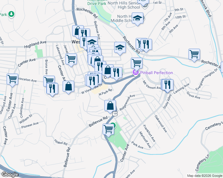 map of restaurants, bars, coffee shops, grocery stores, and more near 201 Perry Highway in West View