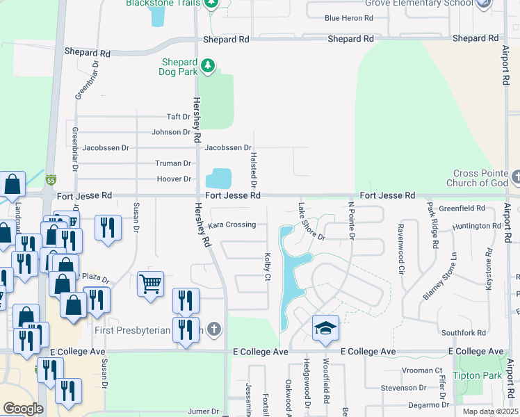map of restaurants, bars, coffee shops, grocery stores, and more near 2802 Kolby Court in Bloomington