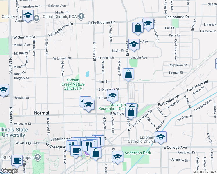 map of restaurants, bars, coffee shops, grocery stores, and more near 401 East Sycamore Street in Normal