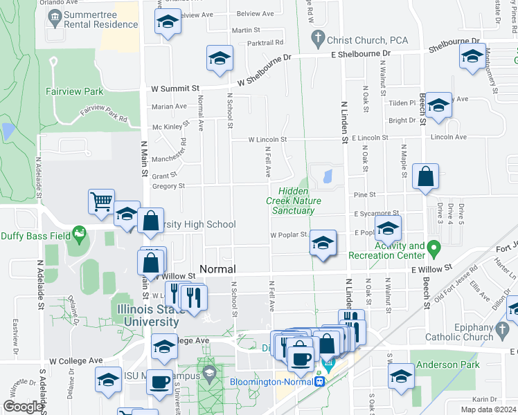 map of restaurants, bars, coffee shops, grocery stores, and more near 711 North Fell Avenue in Normal