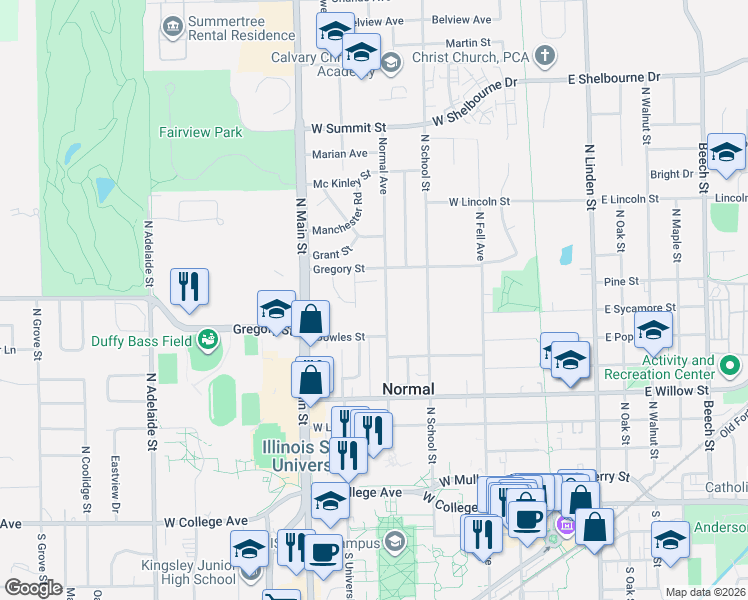 map of restaurants, bars, coffee shops, grocery stores, and more near 607 Normal Avenue in Normal