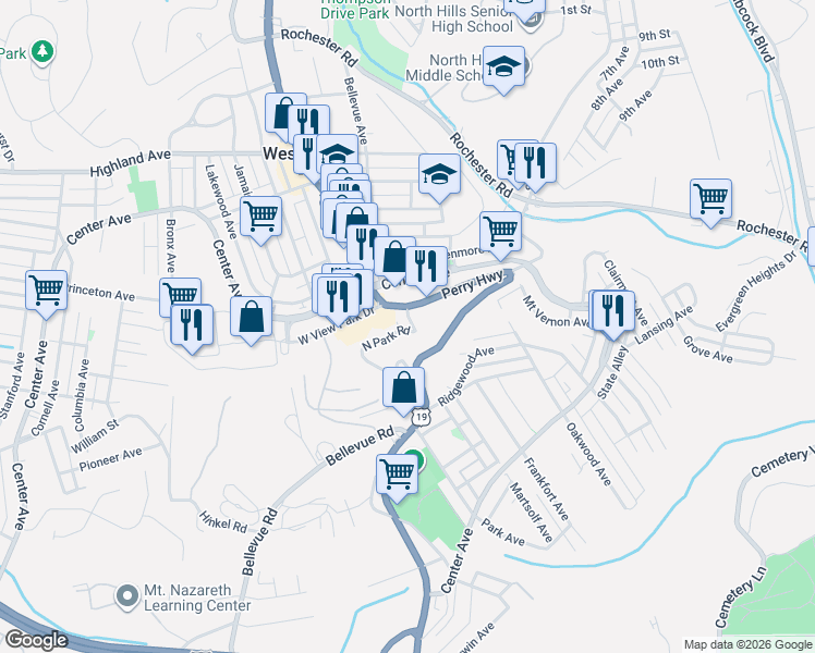 map of restaurants, bars, coffee shops, grocery stores, and more near 201 Perry Highway in West View