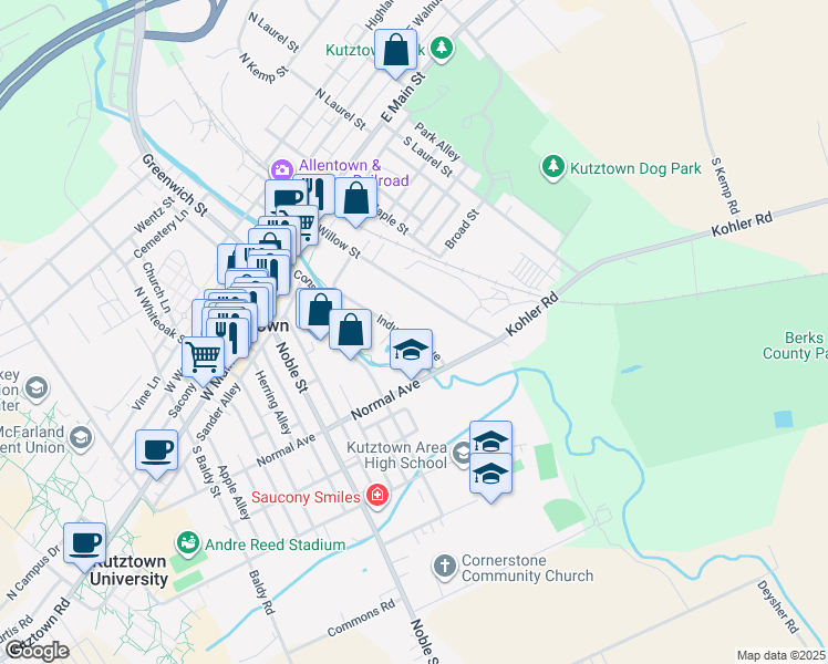 map of restaurants, bars, coffee shops, grocery stores, and more near 2207 Industrial Avenue in Kutztown