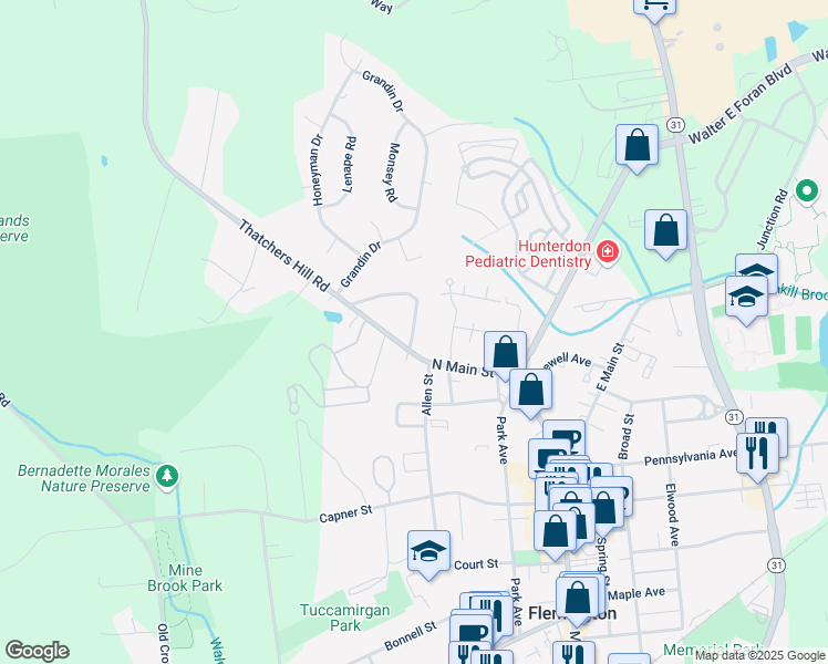 map of restaurants, bars, coffee shops, grocery stores, and more near 76A North Main Street in Flemington