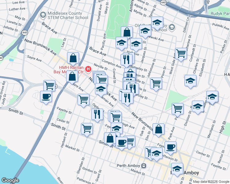 map of restaurants, bars, coffee shops, grocery stores, and more near 404 Washington Street in Perth Amboy