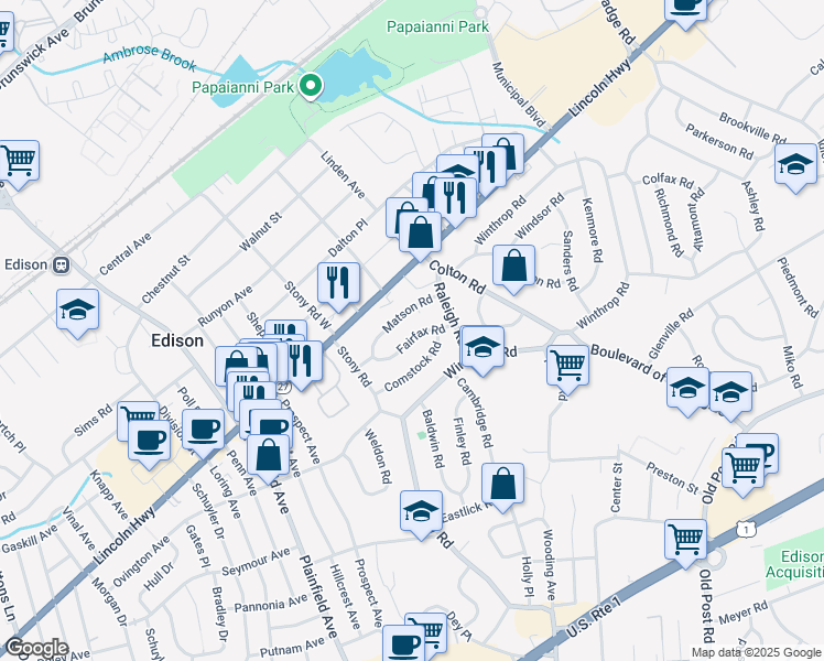 map of restaurants, bars, coffee shops, grocery stores, and more near 21 Fairfax Road in Edison
