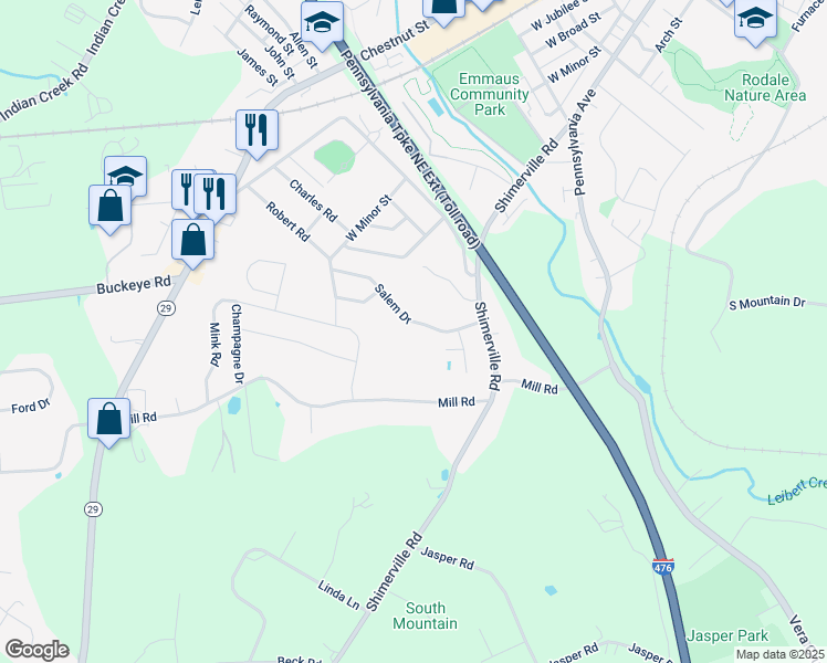 map of restaurants, bars, coffee shops, grocery stores, and more near 4320 Salem Drive in Emmaus