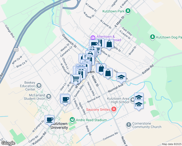 map of restaurants, bars, coffee shops, grocery stores, and more near 1 Noble Street in Kutztown