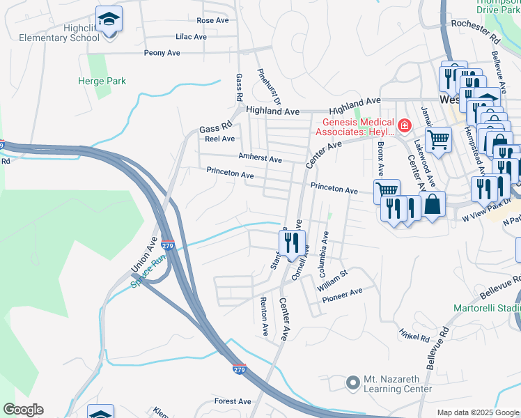map of restaurants, bars, coffee shops, grocery stores, and more near 38 Vassar Avenue in Pittsburgh