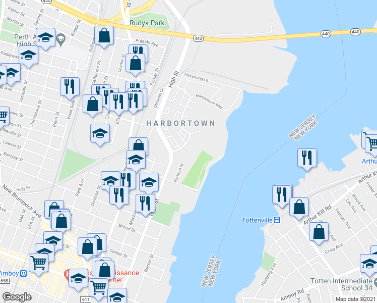 map of restaurants, bars, coffee shops, grocery stores, and more near 432 Great Beds Court in Perth Amboy