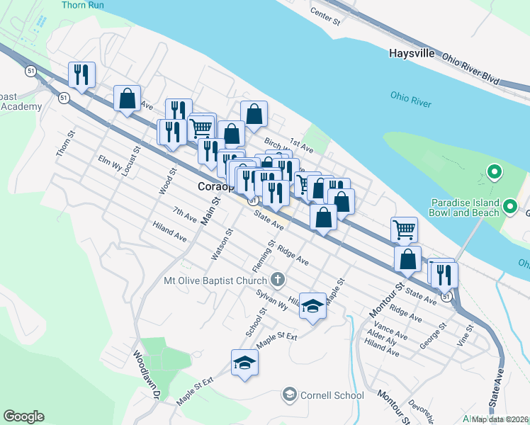 map of restaurants, bars, coffee shops, grocery stores, and more near 1034 State Avenue in Coraopolis