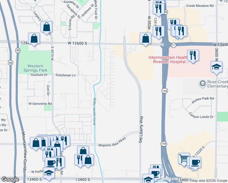 map of restaurants, bars, coffee shops, grocery stores, and more near 4219 West Millsite Park Court in Riverton