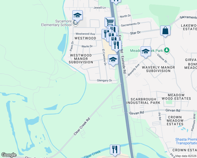 map of restaurants, bars, coffee shops, grocery stores, and more near 2125 Glengary Drive in Redding