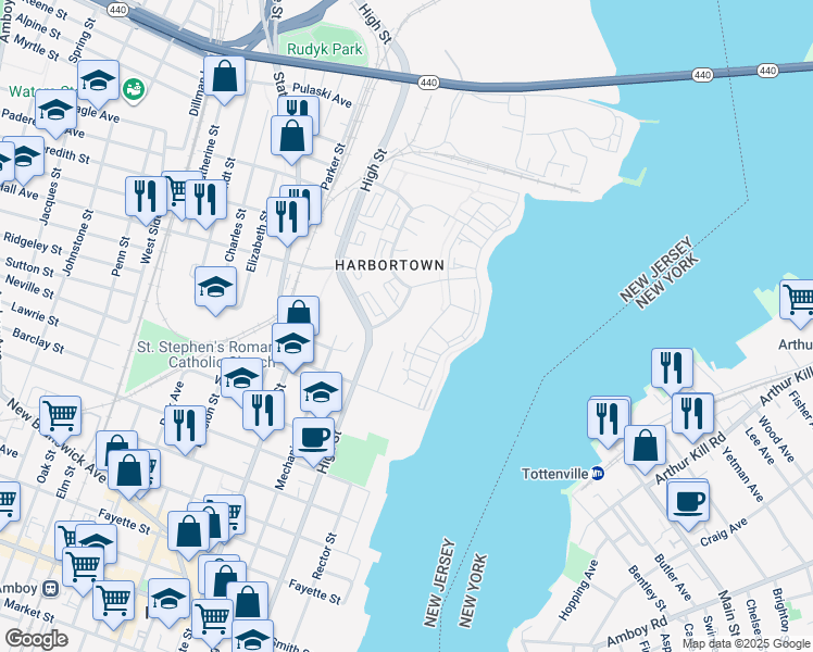 map of restaurants, bars, coffee shops, grocery stores, and more near 432 Great Beds Court in Perth Amboy