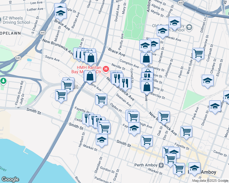map of restaurants, bars, coffee shops, grocery stores, and more near 396 Augustine Place in Perth Amboy