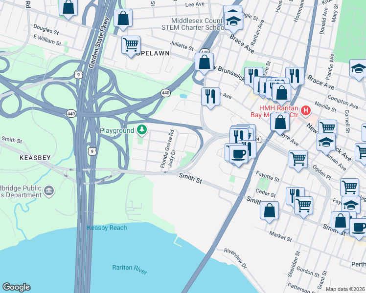 map of restaurants, bars, coffee shops, grocery stores, and more near 37 Glenn Drive in Woodbridge Township