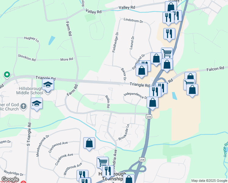 map of restaurants, bars, coffee shops, grocery stores, and more near 802 Robin Road in Somerset County