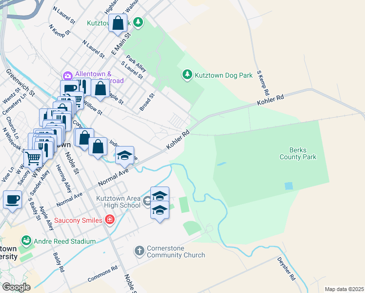 map of restaurants, bars, coffee shops, grocery stores, and more near 10 Kohler Road in Kutztown