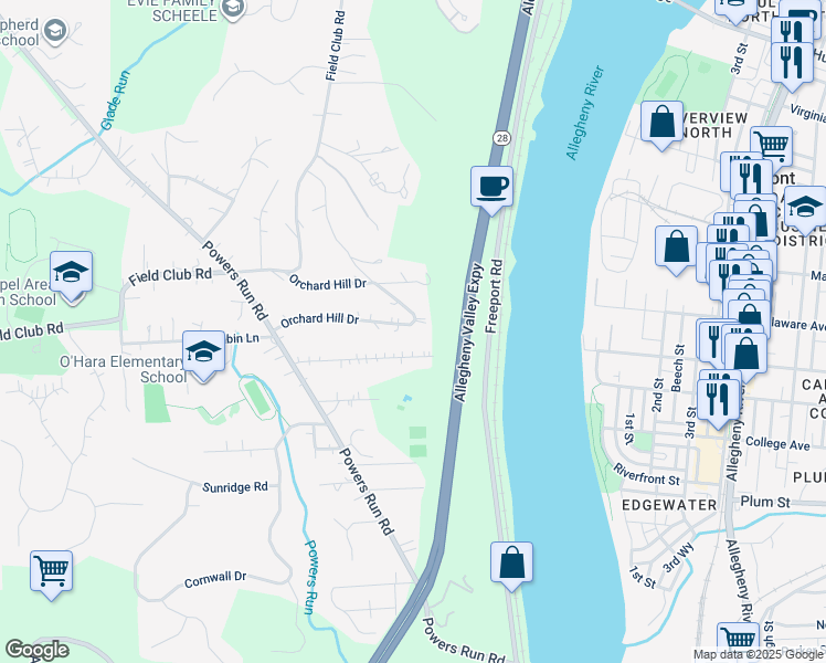 map of restaurants, bars, coffee shops, grocery stores, and more near 625 Aqua Drive in Pittsburgh