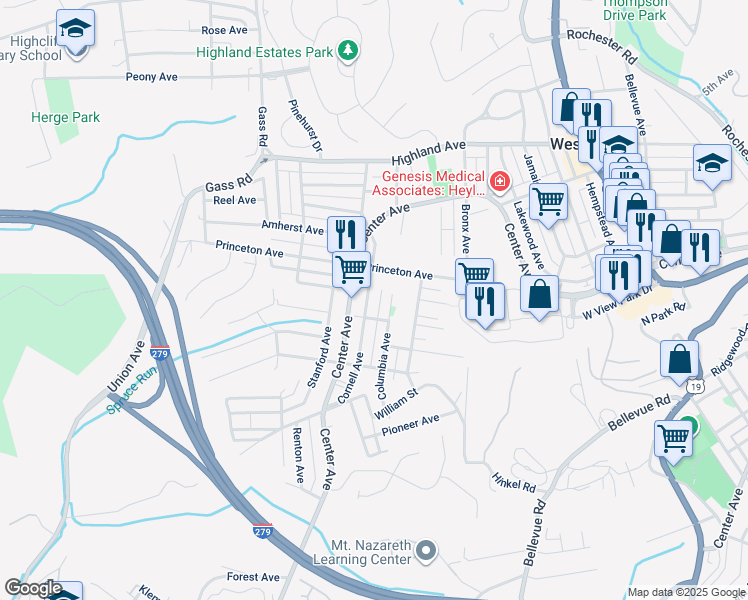 map of restaurants, bars, coffee shops, grocery stores, and more near 252 Columbia Avenue in West View