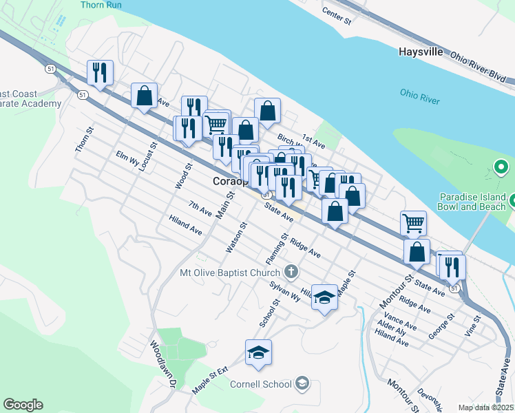 map of restaurants, bars, coffee shops, grocery stores, and more near 635 Watson Street in Coraopolis