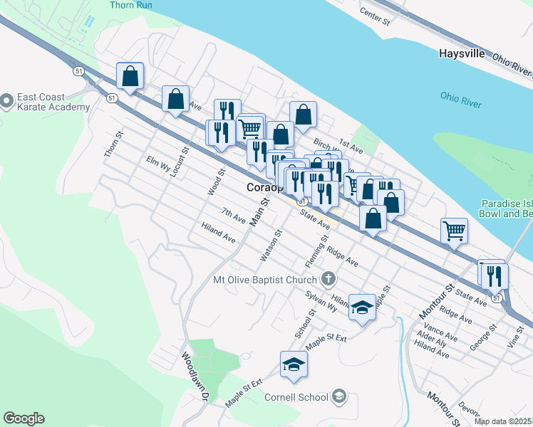 map of restaurants, bars, coffee shops, grocery stores, and more near 908 Ridge Avenue in Coraopolis