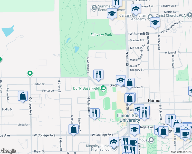 map of restaurants, bars, coffee shops, grocery stores, and more near 801 Gregory St in Normal