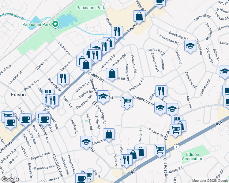 map of restaurants, bars, coffee shops, grocery stores, and more near 131 Winthrop Road in Edison