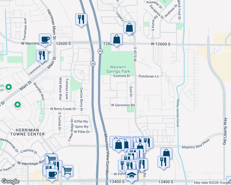 map of restaurants, bars, coffee shops, grocery stores, and more near 4659 West Indian Spring Circle in Riverton