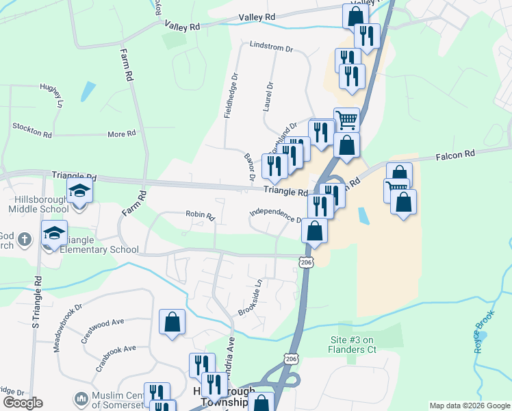 map of restaurants, bars, coffee shops, grocery stores, and more near 34 Independence Drive in Somerset County