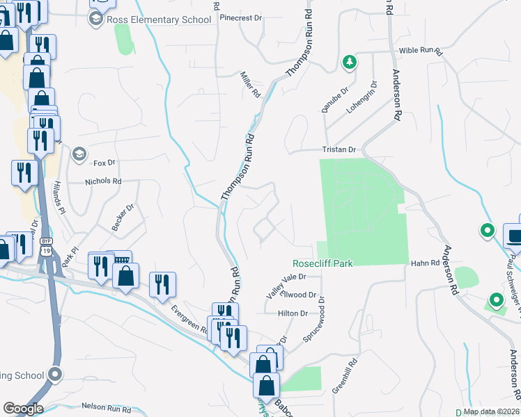 map of restaurants, bars, coffee shops, grocery stores, and more near 221 Woodbridge Court in Pittsburgh