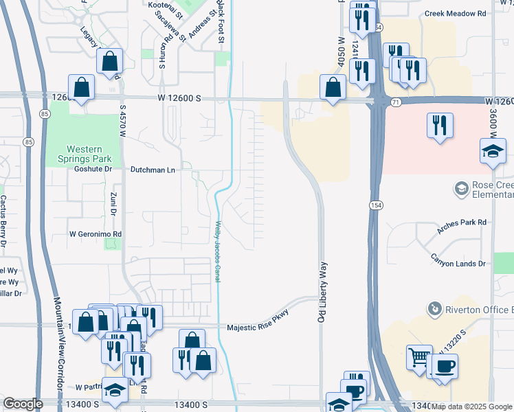 map of restaurants, bars, coffee shops, grocery stores, and more near 4219 West Millsite Park Court in Riverton