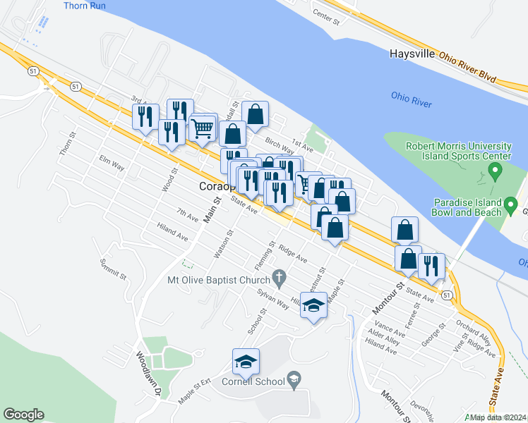 map of restaurants, bars, coffee shops, grocery stores, and more near 1000 5th Avenue in Coraopolis