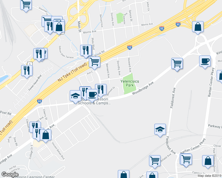 map of restaurants, bars, coffee shops, grocery stores, and more near 15 Bonham Drive in Edison