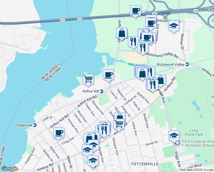 map of restaurants, bars, coffee shops, grocery stores, and more near 5142 Arthur Kill Road in Staten Island