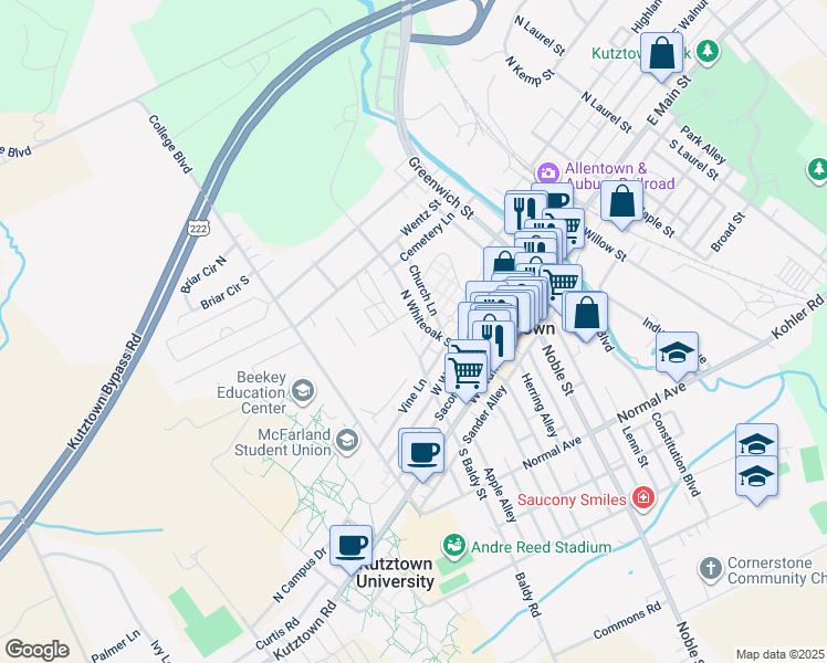 map of restaurants, bars, coffee shops, grocery stores, and more near 215 North Whiteoak Street in Kutztown