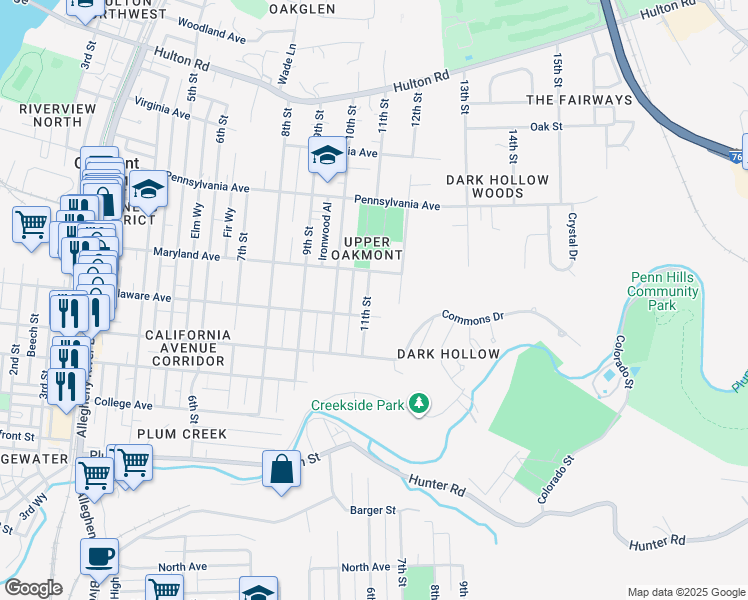 map of restaurants, bars, coffee shops, grocery stores, and more near 435 11th Street in Oakmont