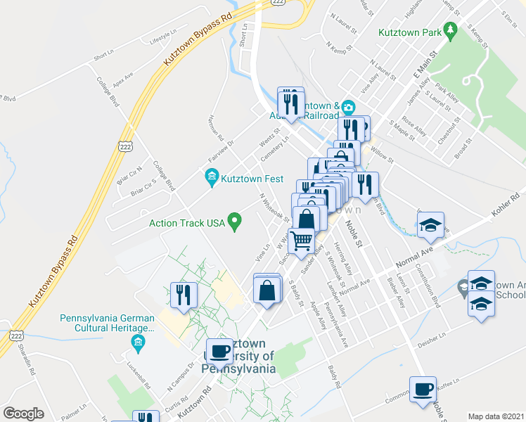 map of restaurants, bars, coffee shops, grocery stores, and more near 215 North Whiteoak Street in Kutztown