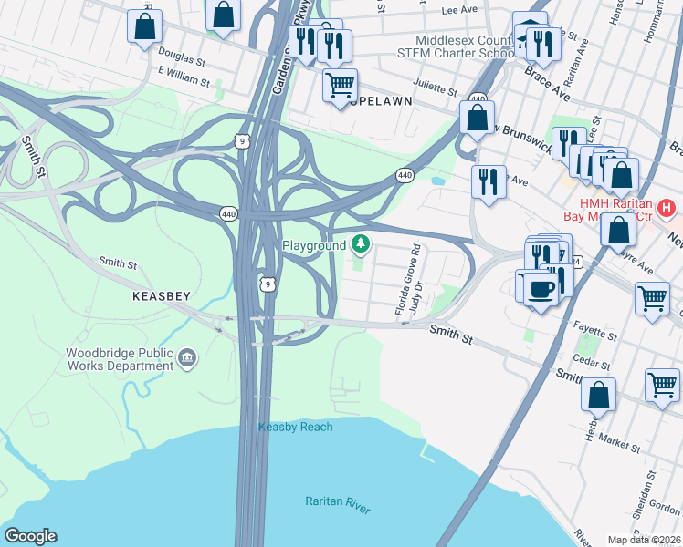 map of restaurants, bars, coffee shops, grocery stores, and more near 60 Greenbrook Avenue in Woodbridge Township
